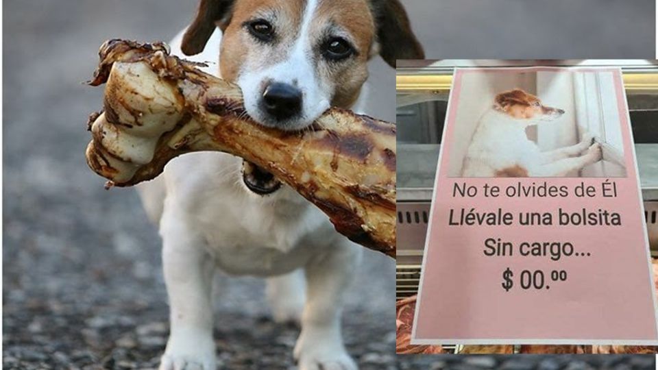 Con letrero, una carnicería anuncia el obsequio para mascotas peludas