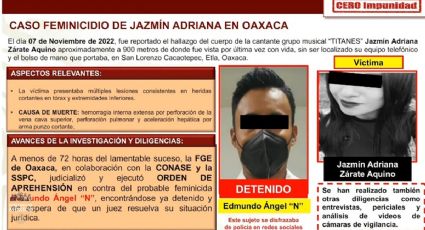 Confirman captura de presunto feminicida de la cantante oaxaqueña Jazmín