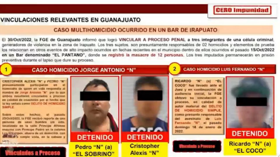 El subsecretario federal de Seguridad mostró a los tres presuntos autores de la masacre como 'viculaciones importantes en Guanajuato'.