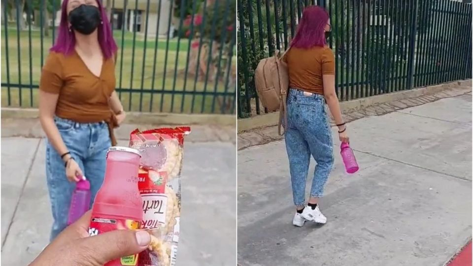 Un usuario compartió el tierno video, en donde se aprecia al señor dejando a su hija en la entrada de la escuela; le da un frutsi y galletas como lonche