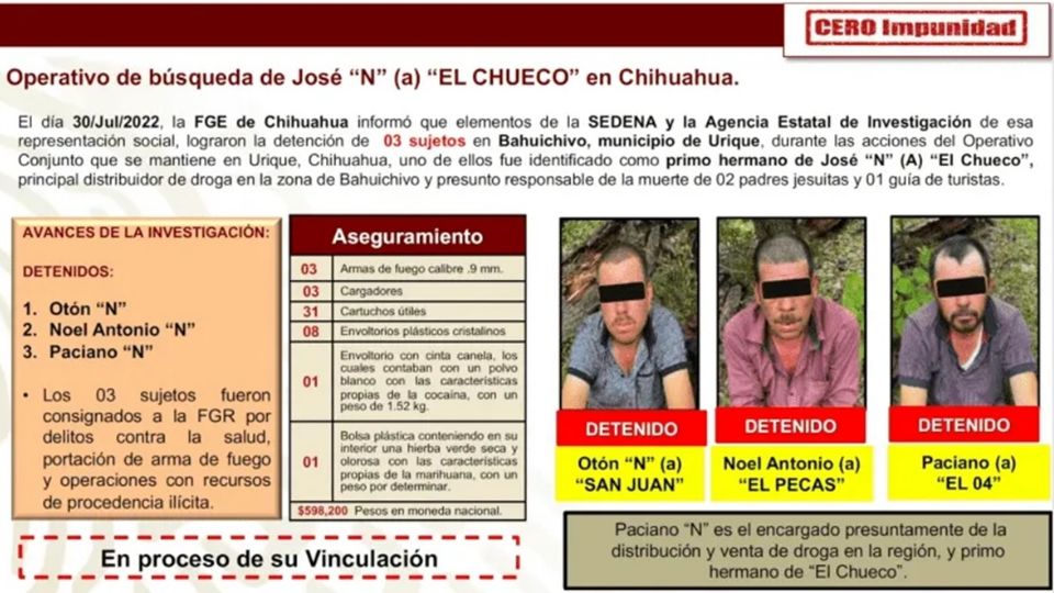 Los tres sujetos fueron detenidos el 30 de julio, en un operativo en Bahuichivo, en Urique, Chihuahua