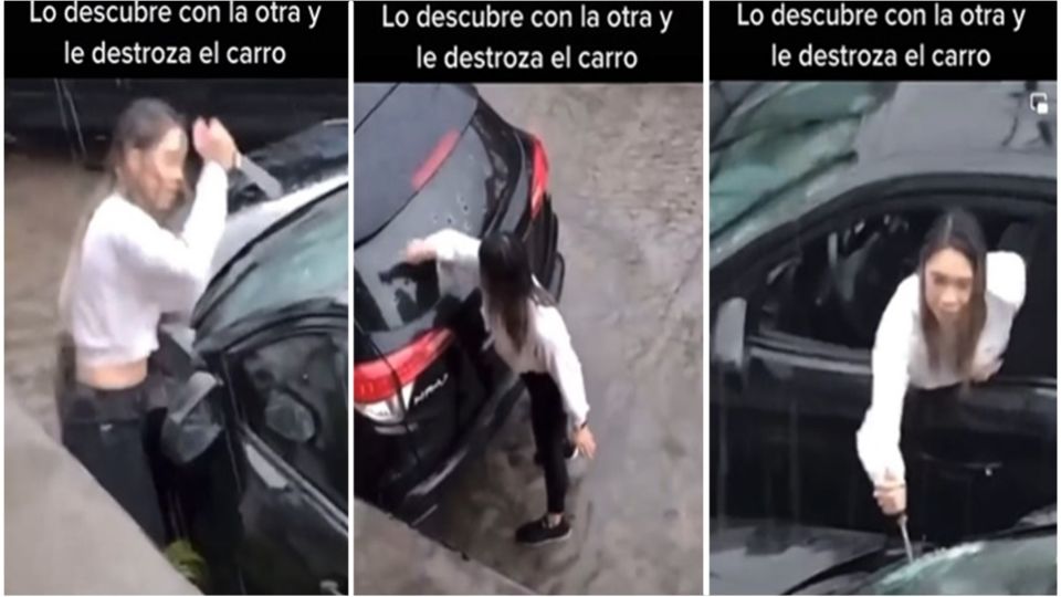 Tras lograr su objetivo, la mujer se va en su coche, pero antes de irse, en otro ataque de ira continúa picando los espejos del auto del supuesto novio.