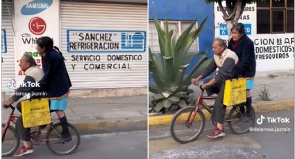 VIDEO TIKTOK: captan a pareja de adultos mayores viajando juntos en una bicicleta en calles de Neza