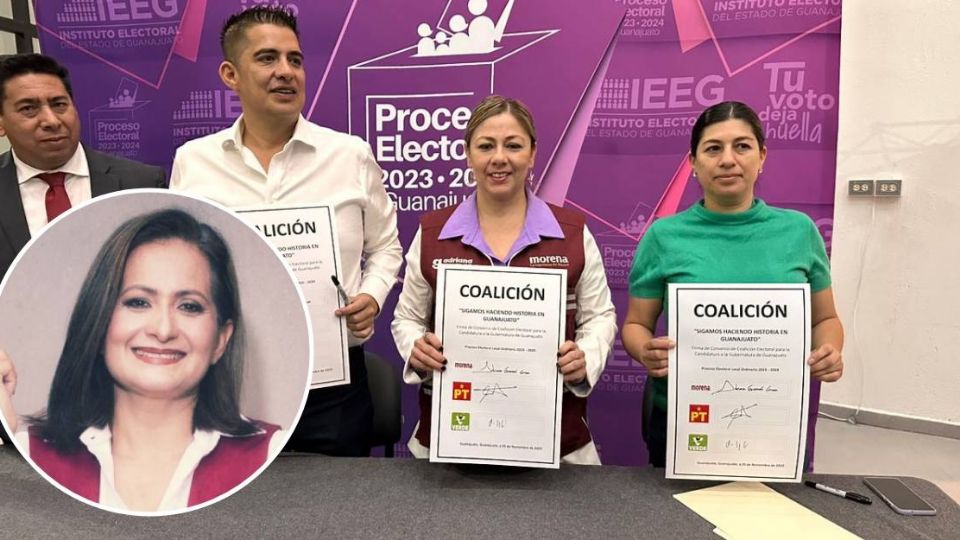 Dirigentes de los 3 partidos firmaron la Coalición que apoyará a Alma Alcaraz a buscar la gubernatura de Guanajuato.