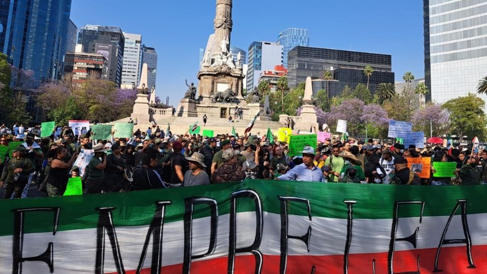 Algunos asistentes a la movilización llevan ropa color verde militar y banderas de México
