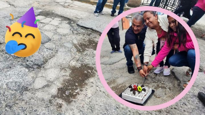 Festejan cumpleaños a bache, ya tiene 20 años y está en Pachuca