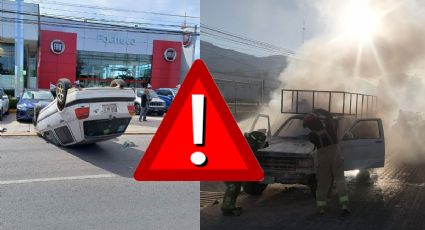 ¡Llantas para arriba! Auto vuelca en bulevar de Pachuca y otro más en llamas I Fotos