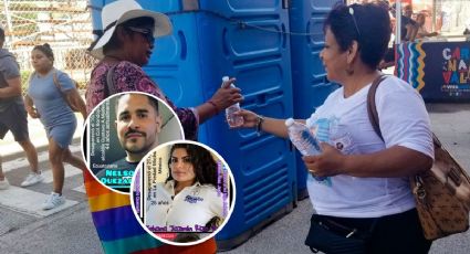 Felipa regala agua con fotos de desaparecidos en Carnaval de Veracruz 2023