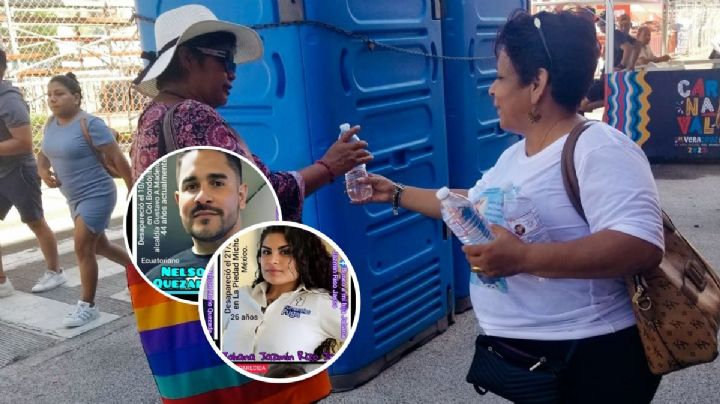 Felipa regala agua con fotos de desaparecidos en Carnaval de Veracruz 2023