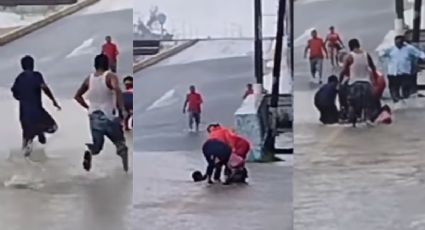 VIDEO | Hombre cae a alcantarilla por fuertes lluvias en Minatitlán