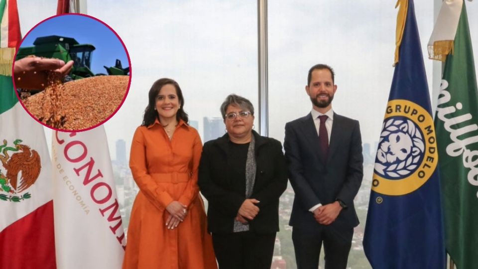 La presidenta de Millfoods, Pilar Gutiérrez, la secretaria de Economía Raquel Buenrostro, y el directivo de Grupo Modelo Raúl Escalante.