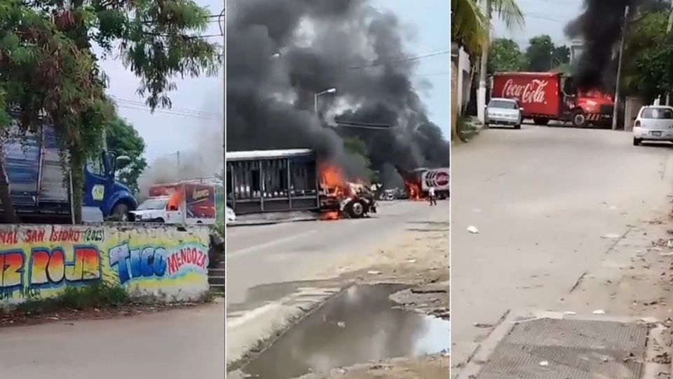 De acuerdo con testigos, presuntos hombres armados prendieron fuego a varios vehículos, entre ellos a un autobús de pasajeros de la empresa Estrella de Oro