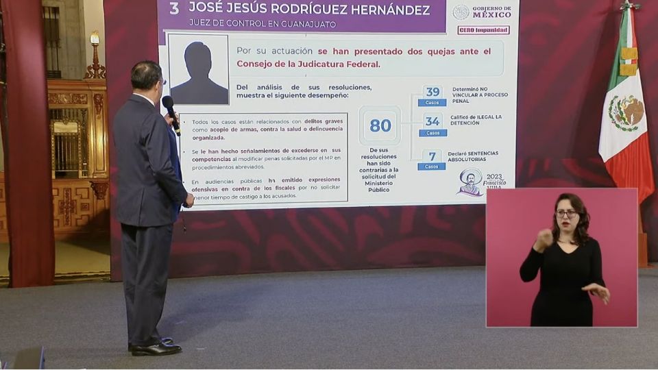 El subsecretario de seguridad, Luis Rodríguez Bucio, durante su comparecencia en la conferencia mañanera, donde expuso la acusación contra un juez federal de Guanajuato.