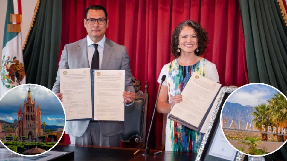 Mauricio Trejo Pureco, presidente municipal de San Miguel de Allende y Grace Gardner, alcaldesa de Palm Springs, firmaron el documento de hermanamiento.
