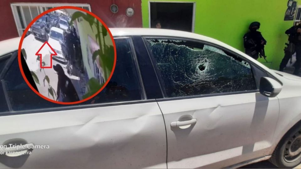 La imagen en el círculo muestra cuando un policía de Celaya rompe los vidrios al auto del director de Seguridad de Villagrán.
