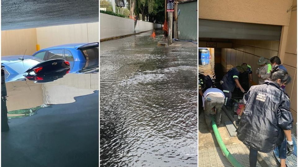 Fuga de agua inunda estacionamiento y provoca socavón en la CDMX