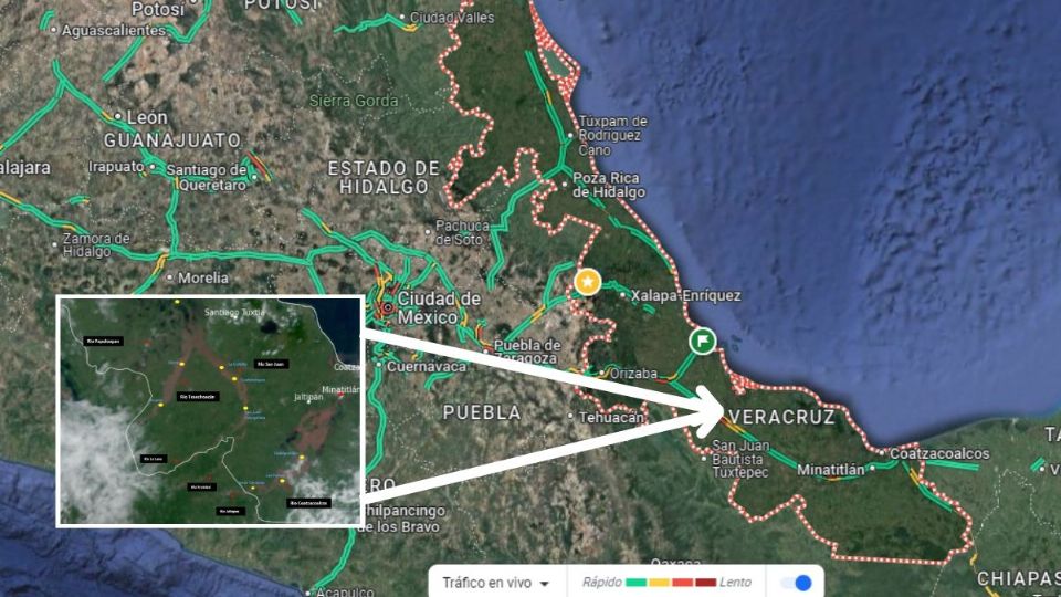 Así se ven las inundaciones del sur de Veracruz desde un satélite hoy 24 de octubre