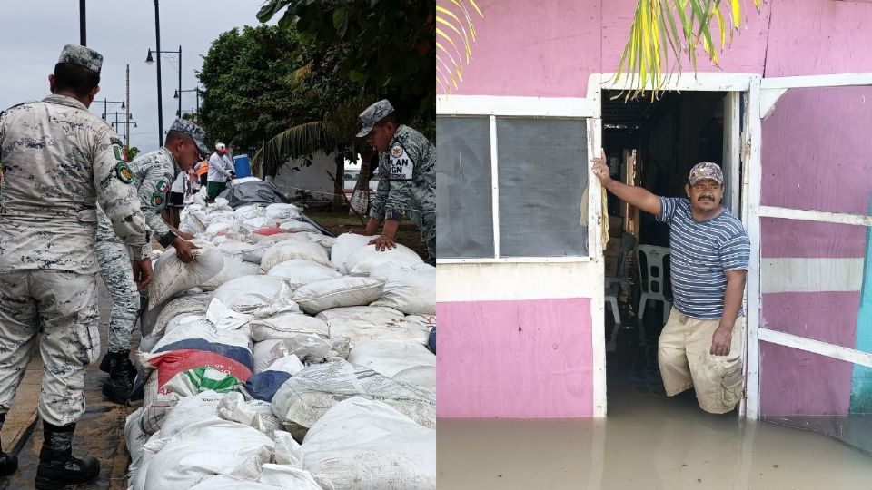 Familias en Tlacotalpan buscan zonas altas para huir de las inundaciones.