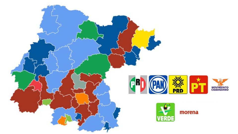 13 municipios que son para la coalición PAN-PRI-PRD, 13 para Morena, 10 para el PAN, 3 para el PRI, 2 para Movimiento Ciudadano, 2 para el Partido Verde, 1 para el PT, 1 para el PRD y 1 más para candidatura independiente
