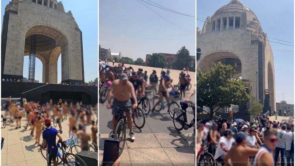 Ciclistas al desnudo se reúnen en Monumento a la Revolución