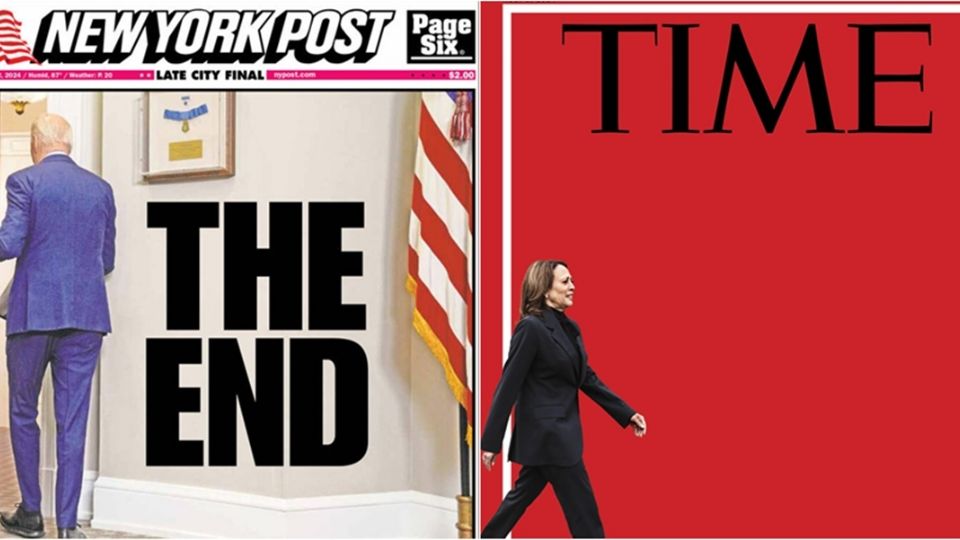 La portada de la revista Time muestra la figura de Biden en el borde, simulando una salida, mientras la vicepresidenta, Kamala Harris, se dirige al centro