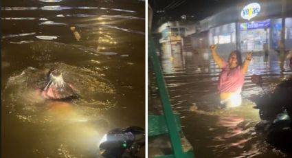 Joven nada en calle inundada de Veracruz y se hace viral en TikTok