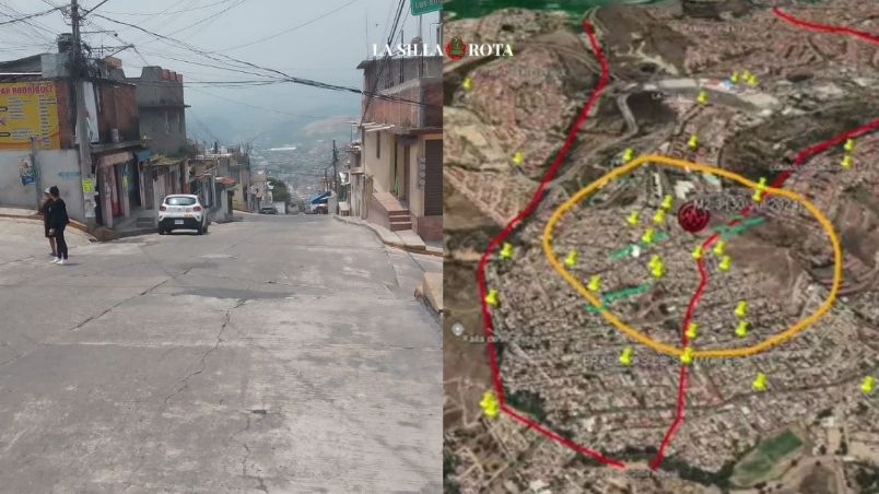 La imagen muestra una marca roja que representa la suposición de las fallas geológicas en la zona. La zona amarilla indica el área afectada en cada sismo, mientras que los puntos amarillos marcan las viviendas que han registrado algún daño.