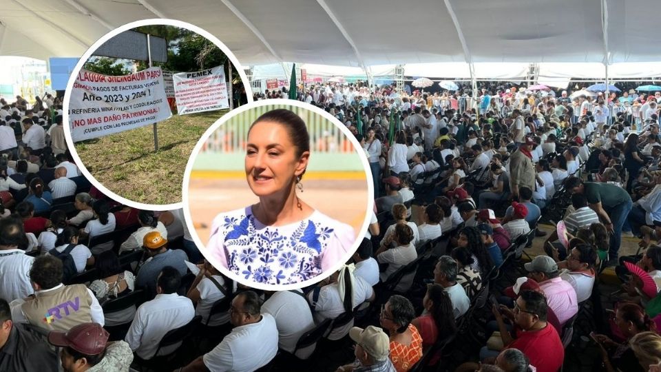 Con lonas, petroleros y docentes piden a Claudia Sheinbaum atender peticiones en visita a Coatzacoalcos