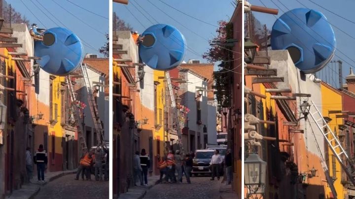 ¡Sin grúa!, suben enorme tinaco a azotea de una casa en San Miguel de Allende | VIDEO
