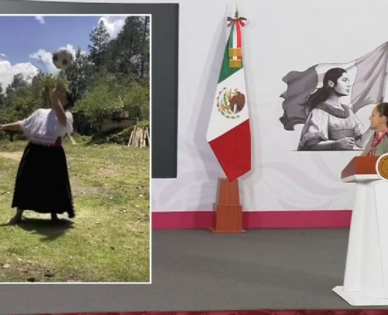 Foto descriptiva de: Destaca en mañanera indígena futbolista de Veracruz por concurso de "dominadas"