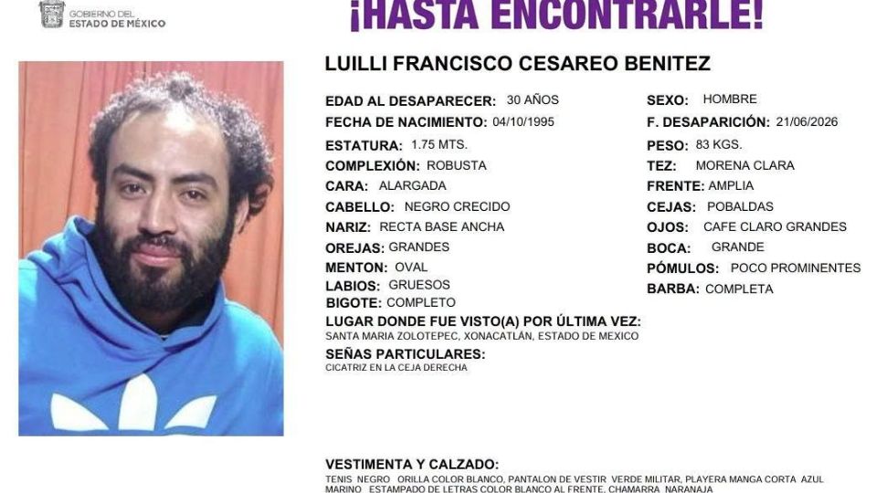 La FGJEM difundió la ficha de búsqueda de Luilli Francisco Cesáreo, quien fue visto por última vez tras abordar un autobús rumbo a la Ciudad de México.