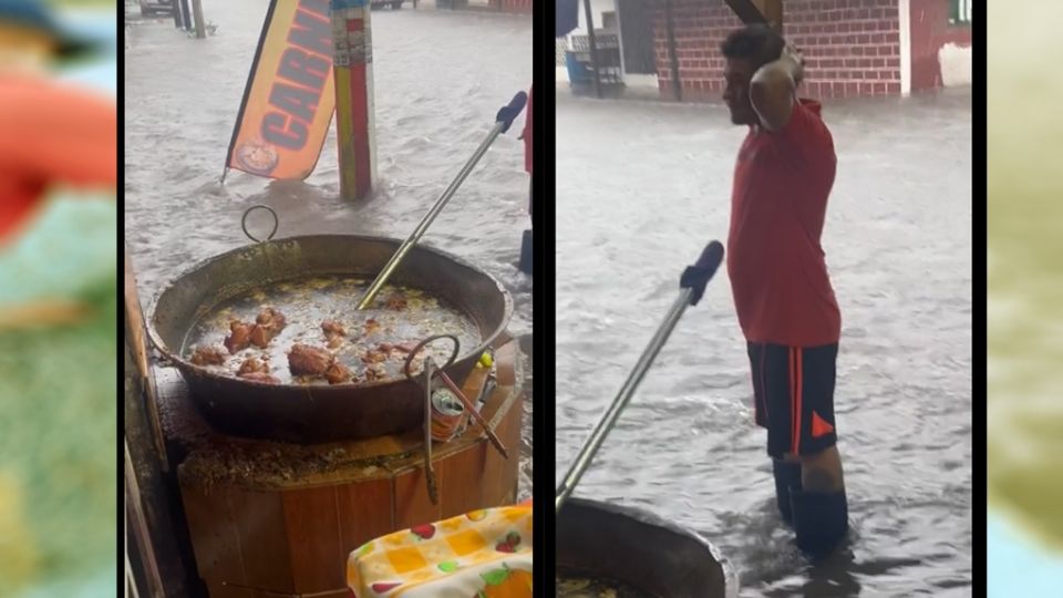 Este negocio de carnitas no paró, aún con el agua hasta las rodillas