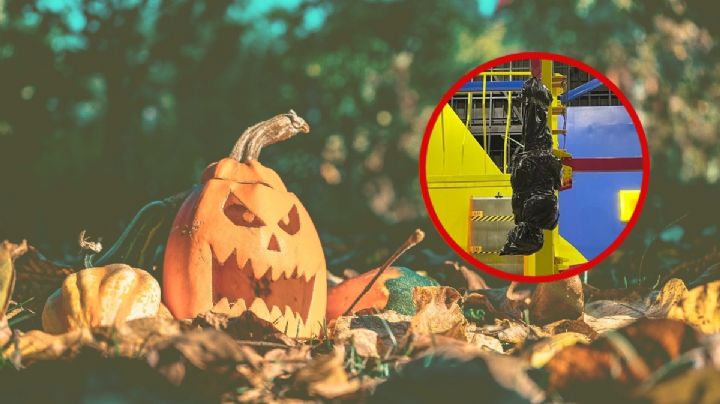 Por Halloween, cuelgan “embolsados” en parque infantil de Boca del Río