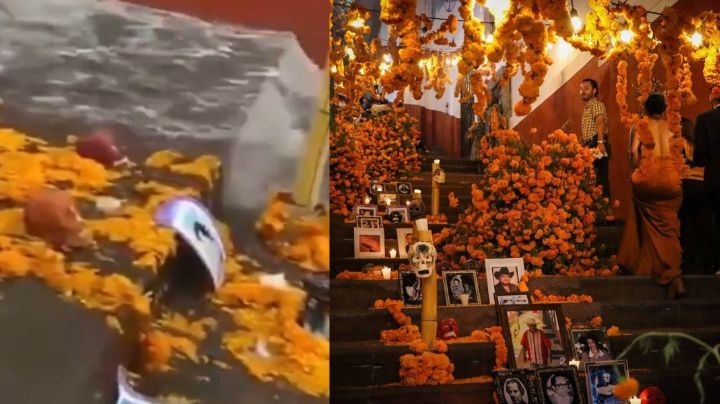 VIDEO: Tláloc enfurece y arrasa con ofrenda monumental del Día de Muertos
