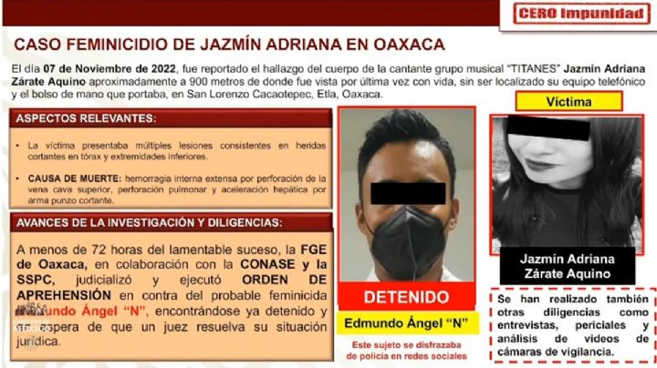 Confirman captura de presunto feminicida de la cantante oaxaqueña Jazmín