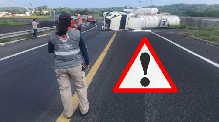 Pipa con diésel vuelca en distribuidor de autopista Veracruz-La Antigua