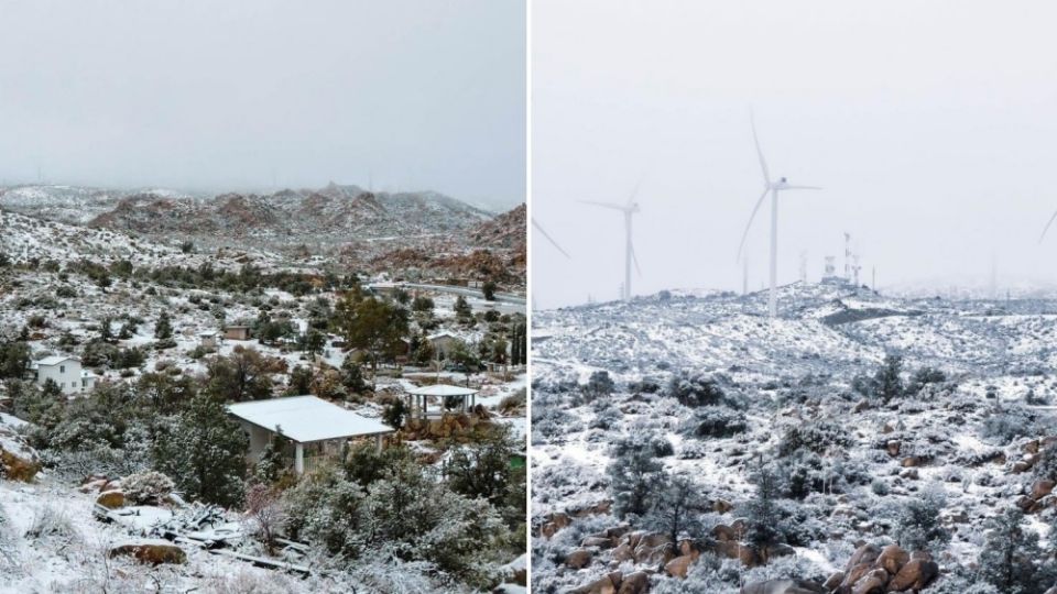 Protección Civil de Baja California trabajó en la remoción de la nieve sobre la carretera libre entre La Rumorosa y El Hongo, en Baja California