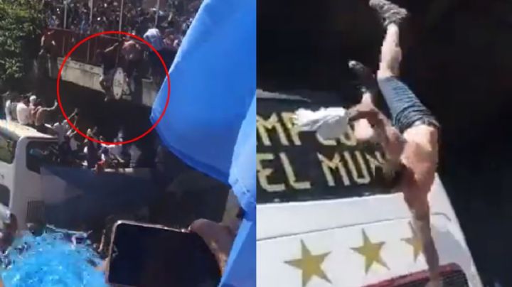 VIDEO: Aficionados se lanzan desde puente para caer en autobús de Argentina; uno cayó al piso