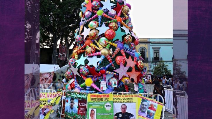 Mujeres en Oaxaca intervienen árbol navideño y colocan fotos de deudores alimentarios
