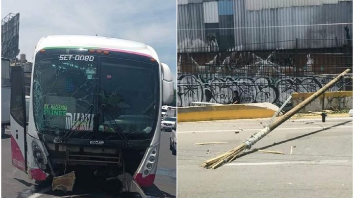 FOTOS | Autobús tira poste en la México-Pachuca; genera tráfico