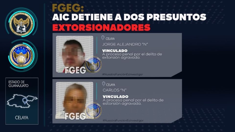 Jorge Alejandro y Carlos fueron detenidos al momento de cobrar 'la cuota' a su víctima y ahora enfrentan cargos por el delito de extorsión.