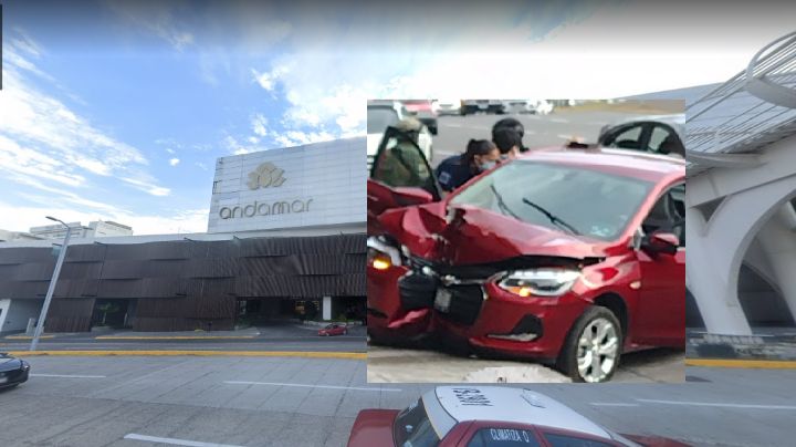 Pierde el control y casi se mete a plaza Andamar con todo y auto