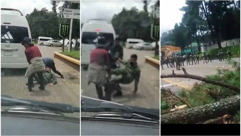 Elementos del Ejército mexicano montaron un retén para evitar que se llevaran a sus compañeros; sin embargo, los “secuestradores” tumbaron un árbol de pino para colocarlo como barricada.