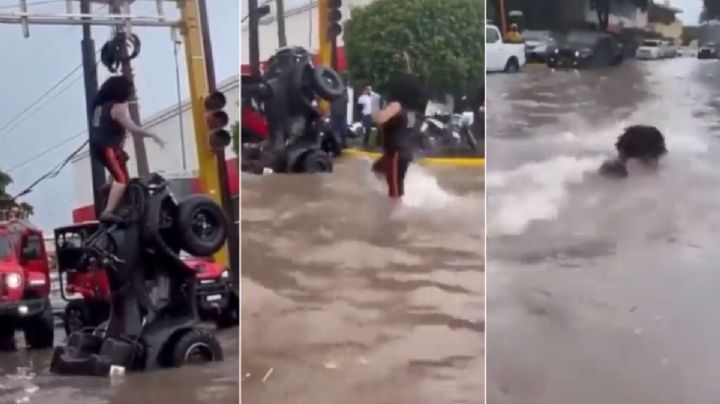 VIDEO: Jóvenes aprovechan inundaciones para divertirse; amagan con detenerlos