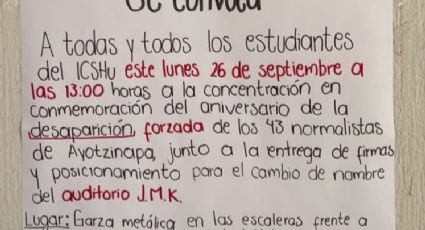 A 8 años de Ayotzinapa protestan en la UAEH; insisten en quitar nombre de Murillo Karam