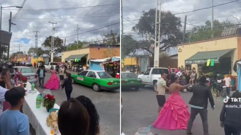 La joven baila el vals a media calle, incluso pasa un taxi en ese momento.