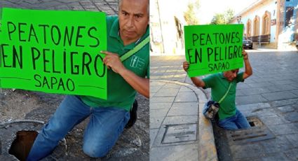 Metido en coladeras, Manuel alerta de peligro latente para peatones en Oaxaca