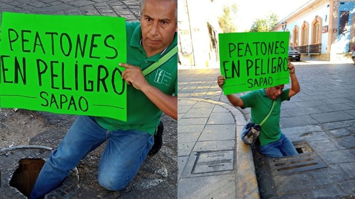 Metido en coladeras, Manuel alerta de peligro latente para peatones en Oaxaca