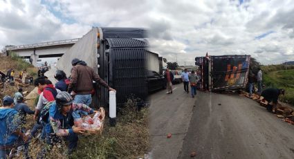 Rapiña de verduras en Amatlán tras volcadura de contenedor de tráiler
