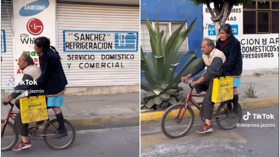 Pareja de ancianos viajan montados en una bicicleta en calles de Neza